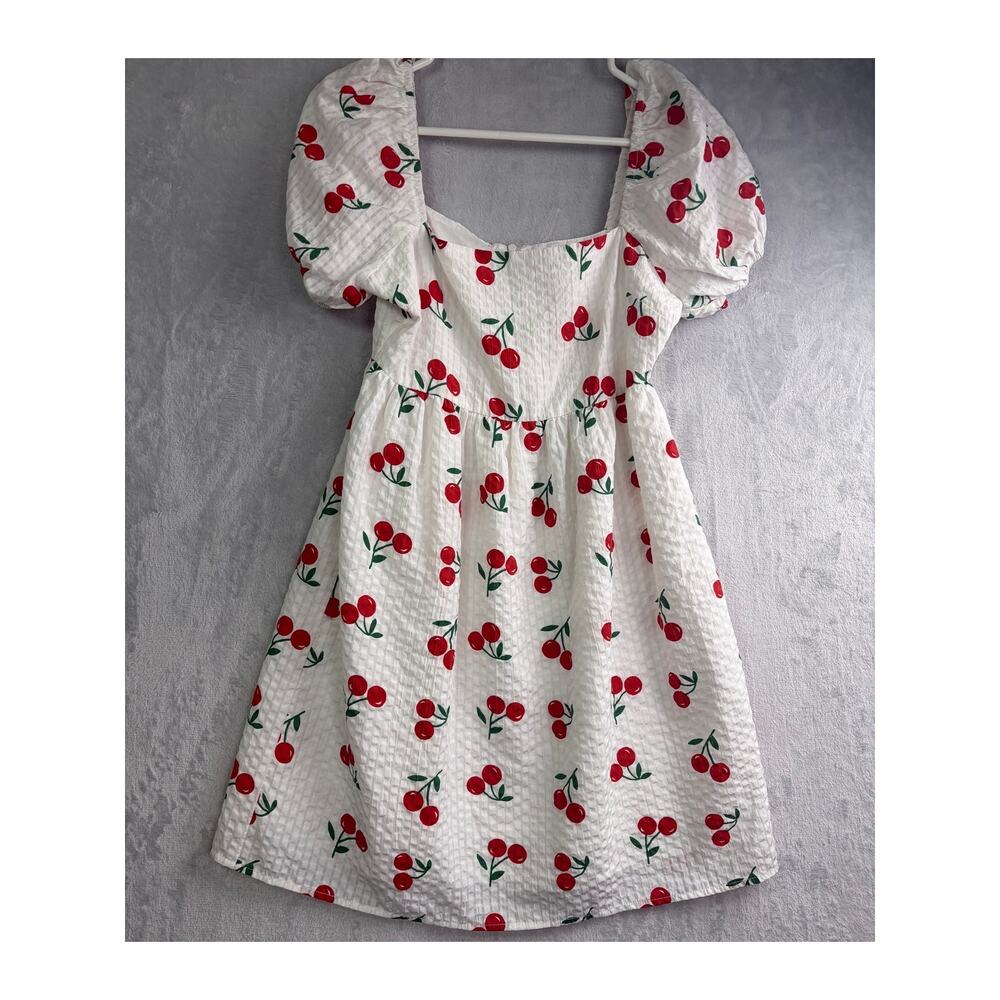 Pink Lily White Cherry Print Puff Sleeve Babydoll Mini Dress - Size XS - Picture 5 of 8